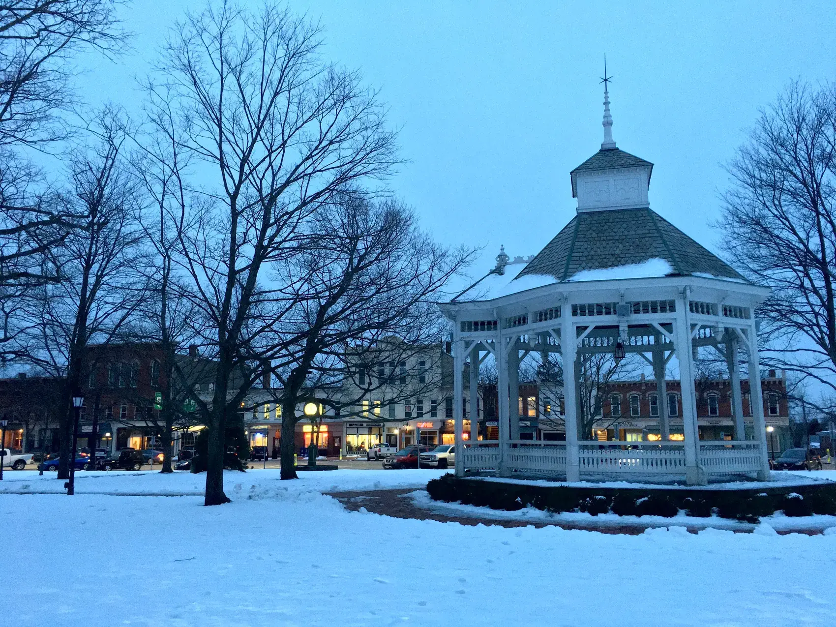 Gazebo on the snowy courthouse square in Chardon, Ohio