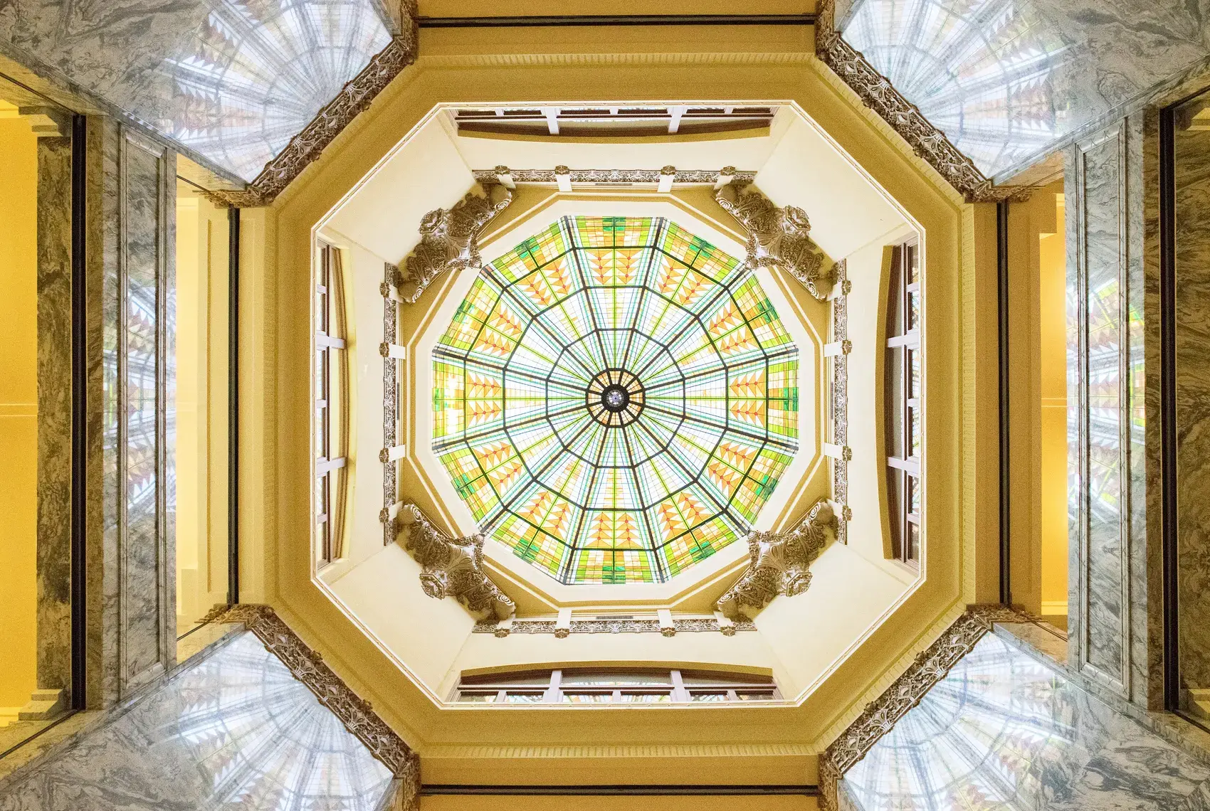 Stained glass dome inside the 1910 Harris County Courthouse