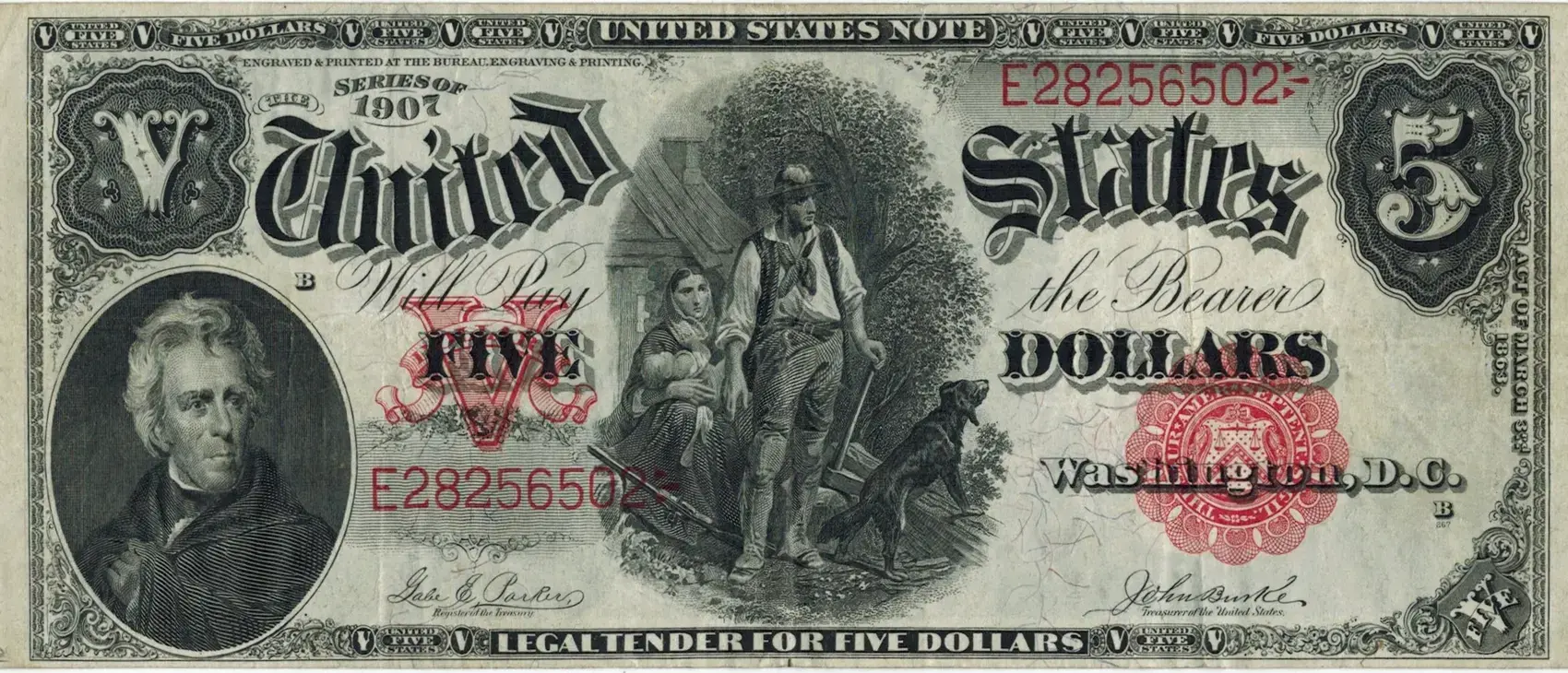 Obverse of a 1907 series United States five dollar note